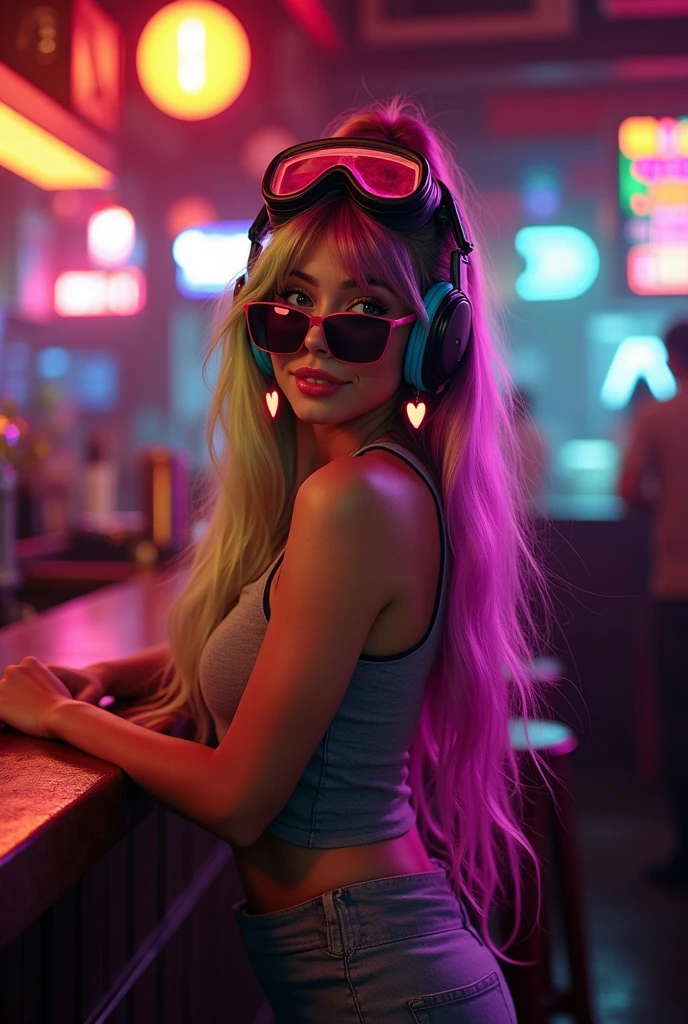 A girl in a grey mini dress is standing at a bar, Long Hair, Rainbow Hair, Shiny Hair, Put goggles on your head, sunglasses, Headphones, Glowing Eyes, Heart Earrings, compensate, smile, shy, Happy, Cinema Lighting, close, Eye-level shot, masterpiece, Ultra-high resolution, Super Detail