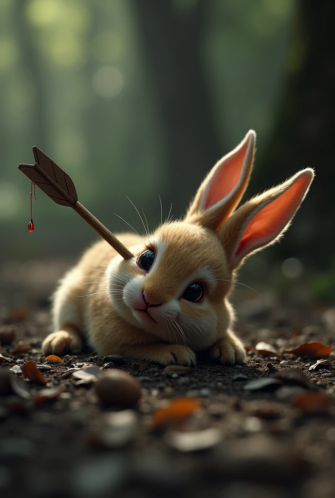 A Mscoute bunny  lying with an arrow stuck in his throat