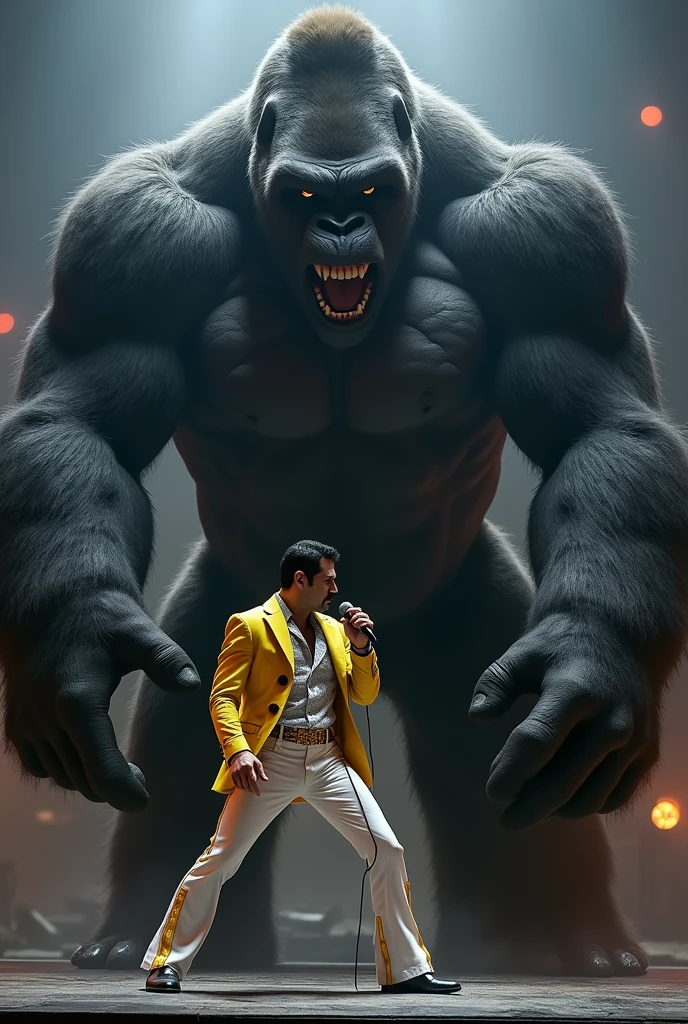 Freddie mercury in a fistfight with a giant gorilla