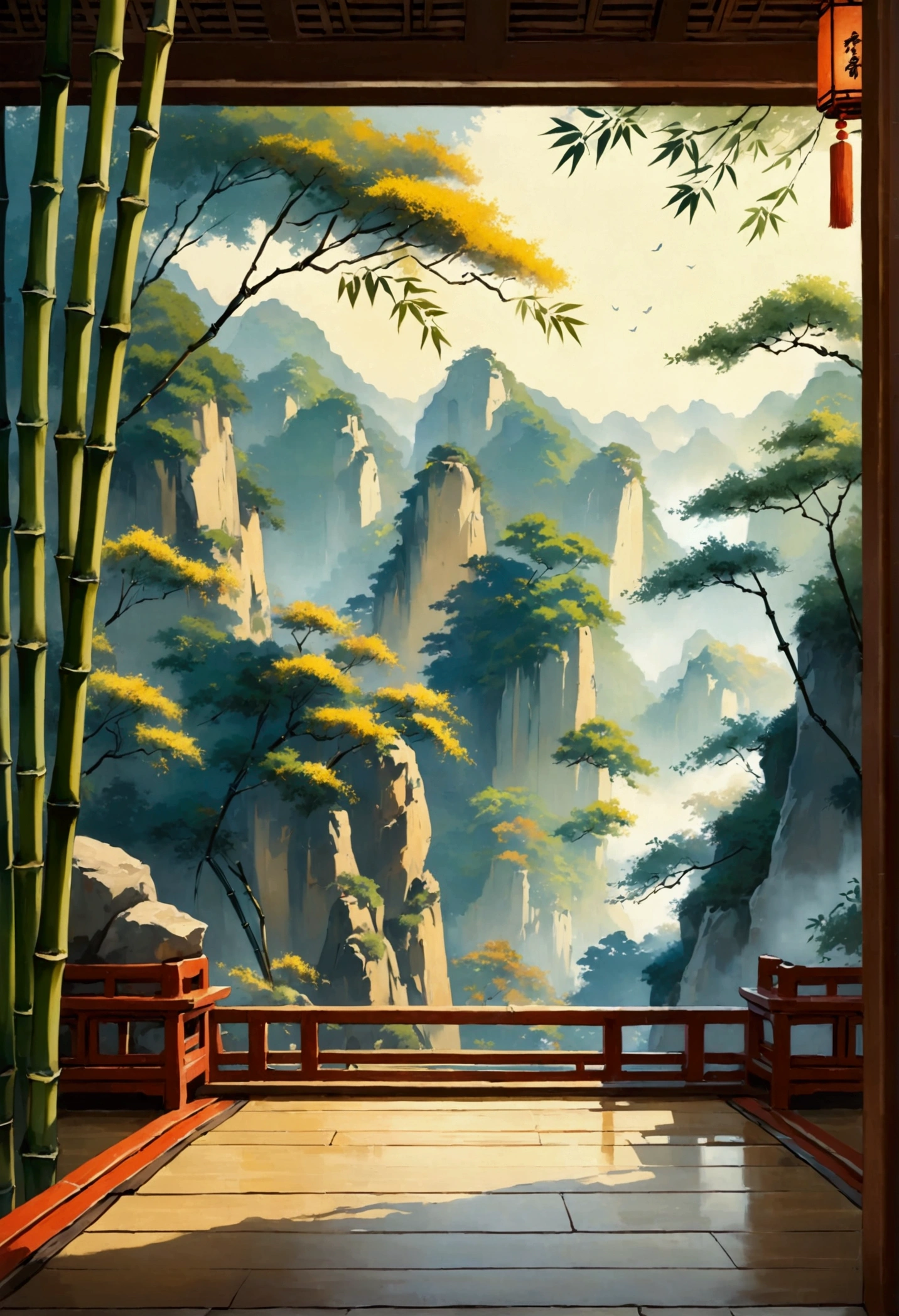 The scenery, Chinese style, Cliff, bamboo, dreamy atmosphere, floor