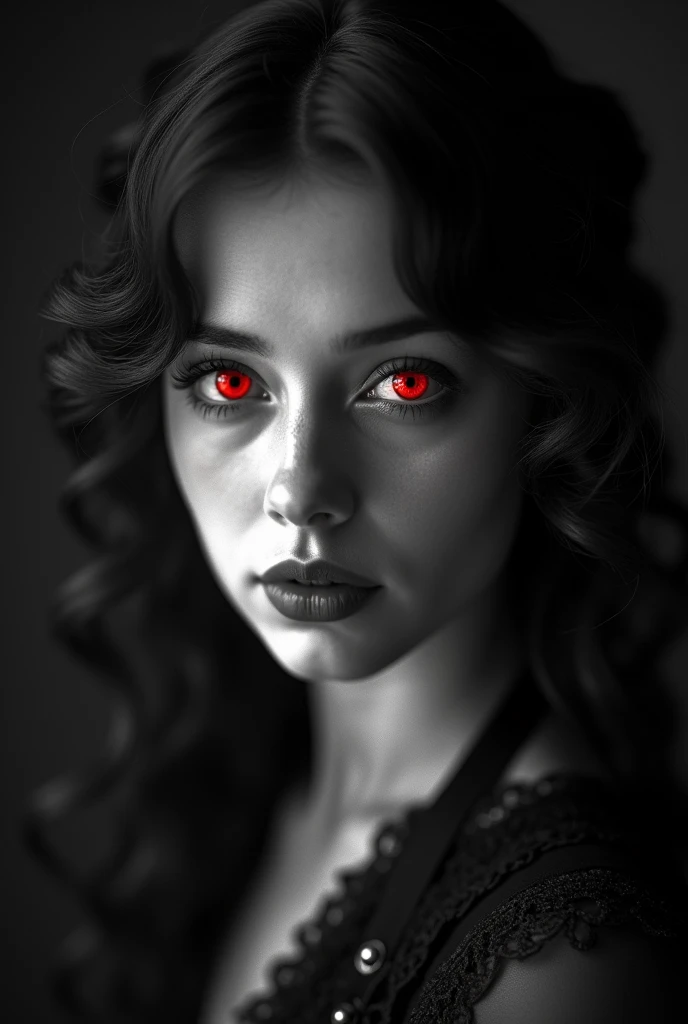 An old, mysterious black and white photograph, in the early twentieth century, The photo shows a beautiful young actress dressed up., beautiful like a goddess, Smiling, Mysterious monochrome photograph, Only her eyes are red, Bright red eyes are striking, close-up