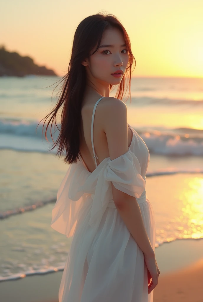 日本人の女優のようなBeautiful face evening beach White dress Straight Hair Beautiful face