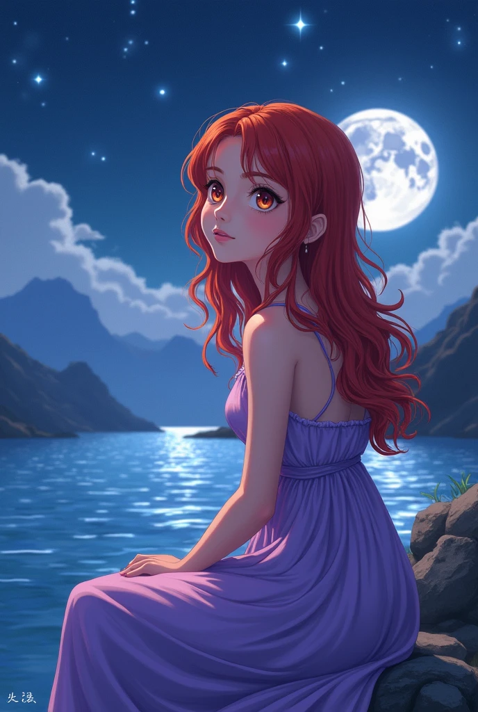 1 girl , red beautiful wavy long hair, , wearing long purple greek dress, anime style, best quality, digital art, in greek mount olympus, sitting by the lake at starry night , full sparkle moon, wondering expression, close up, expressive gorgeous eyes, contemplative mind, front view close up