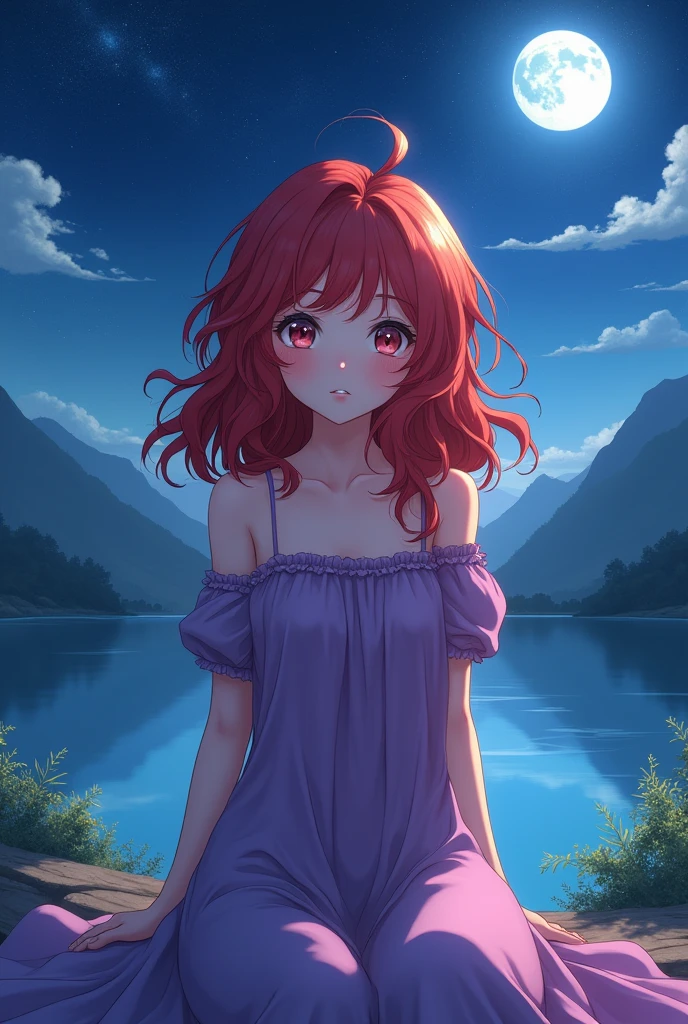 1 girl , red beautiful wavy long hair, , wearing long purple greek dress, anime style, best quality, digital art, in greek mount olympus, sitting by the lake at starry night , full sparkle moon, wondering expression, close up, expressive gorgeous eyes, contemplative mind, front view close up