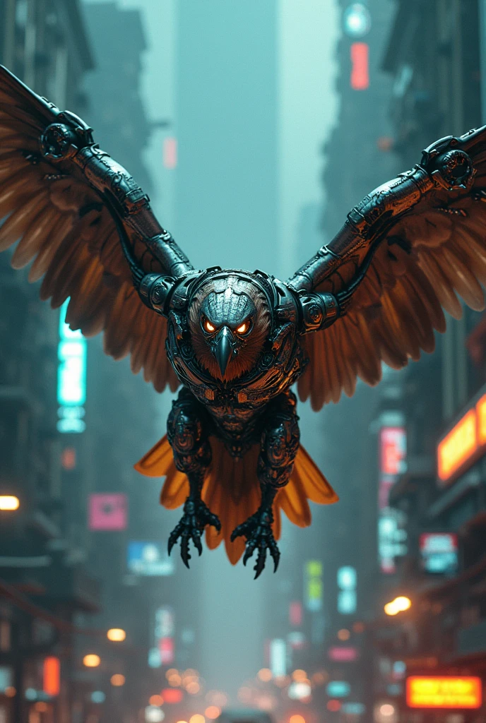 Eagle with transformers costume and helmet in blade runner neon city with teal and orange neon lights