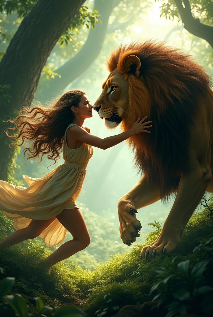 Beautiful girl with wavy long hair, fight with lion in forest