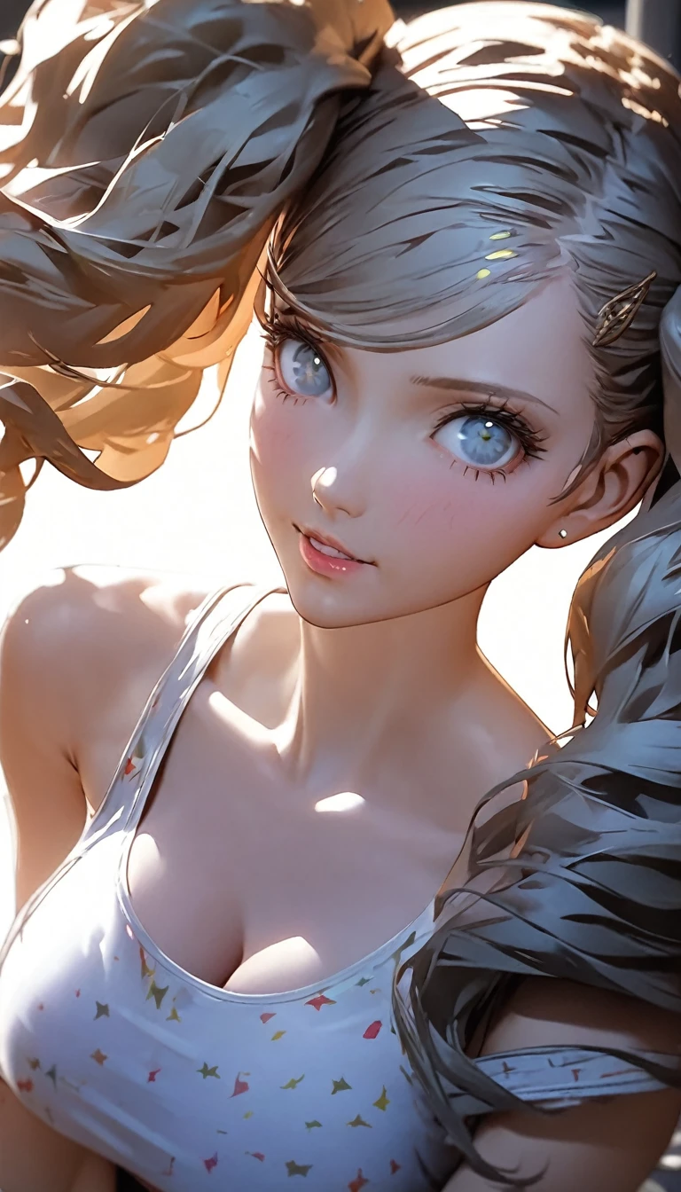 (1girl), Long Hair, Blonde, (青colorの目:1.1), twintails, big hair, swept bangs, 笑face, ((tanktop shorts)), classroom, break looking at viewer, (portrait), break (masterpiece:1.2), Highest quality, High resolution, unity 8k wallpaper, (figure:0.8), (beautiful細部までこだわった目:1.6), 非常に詳細なface, Perfect lighting, Highly detailed CG, (Perfect hands, Perfect Anatomy), (Vibrant_color:1.2),Professional photos, ((beautiful_face:1.5)),(narrow_Waist),((character sprite, standing picture)),seductive smile,(perfect anatomy),((highly detailed beautiful face)), ((slender body, slim arms, lissome figure, slim body, willowy)), ((huge boobs, Cleavage)),((official art:1, Anime Art:1))