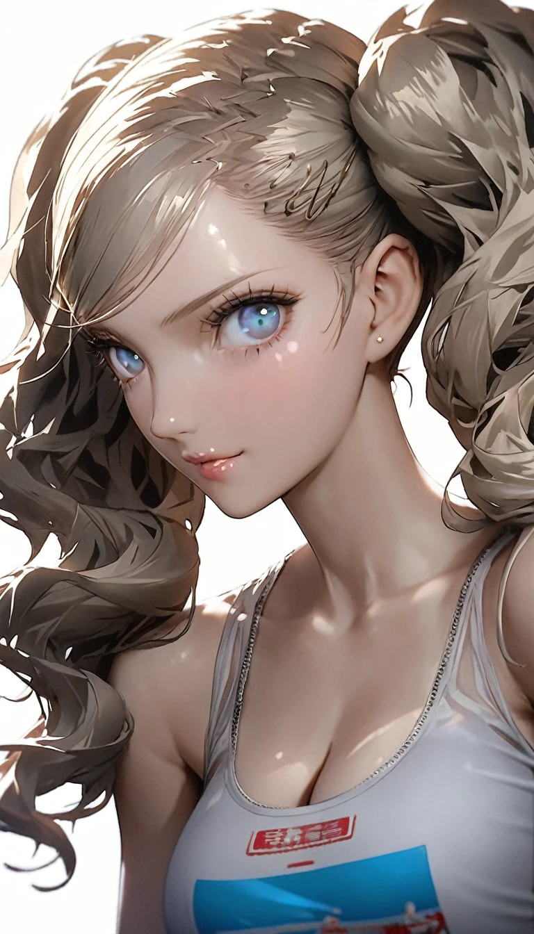 (1girl), Long Hair, Blonde, (青colorの目:1.1), twintails, big hair, swept bangs, 笑face, ((tanktop shorts)), classroom, break looking at viewer, (portrait), break (masterpiece:1.2), Highest quality, High resolution, unity 8k wallpaper, (figure:0.8), (beautiful細部までこだわった目:1.6), 非常に詳細なface, Perfect lighting, Highly detailed CG, (Perfect hands, Perfect Anatomy), (Vibrant_color:1.2),Professional photos, ((beautiful_face:1.5)),(narrow_Waist),((character sprite, standing picture)),seductive smile,(perfect anatomy),((highly detailed beautiful face)), ((slender body, slim arms, lissome figure, slim body, willowy)), ((huge boobs, Cleavage)),((official art:1, Anime Art:1))