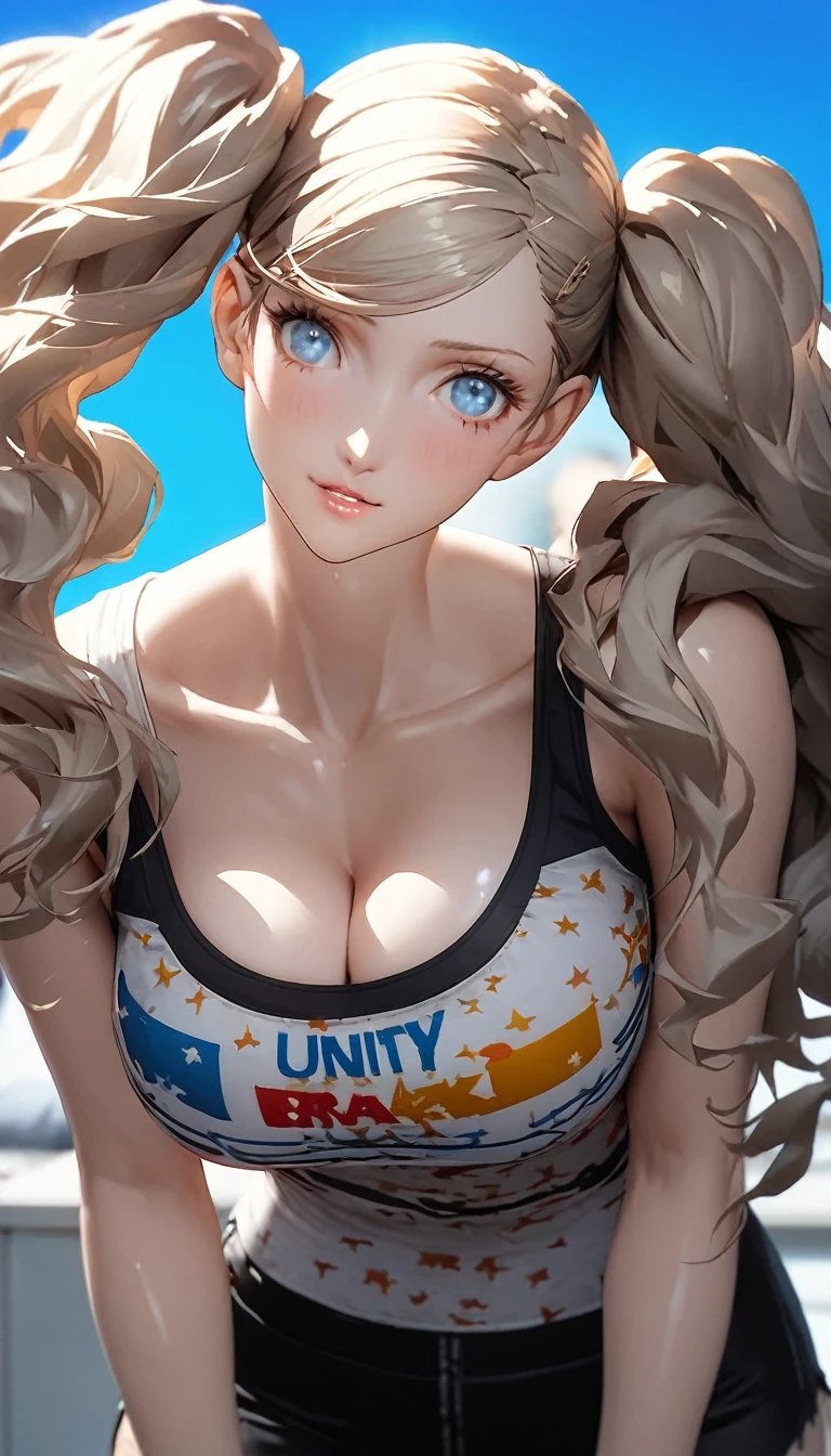 (1girl), Long Hair, Blonde, (青colorの目:1.1), twintails, big hair, swept bangs, 笑face, ((tanktop shorts)), classroom, break looking at viewer, (portrait), break (masterpiece:1.2), Highest quality, High resolution, unity 8k wallpaper, (figure:0.8), (beautiful細部までこだわった目:1.6), 非常に詳細なface, Perfect lighting, Highly detailed CG, (Perfect hands, Perfect Anatomy), (Vibrant_color:1.2),Professional photos, ((beautiful_face:1.5)),(narrow_Waist),((character sprite, standing picture)),seductive smile,(perfect anatomy),((highly detailed beautiful face)), ((slender body, slim arms, lissome figure, slim body, willowy)), ((huge boobs, Cleavage)),((official art:1, Anime Art:1))