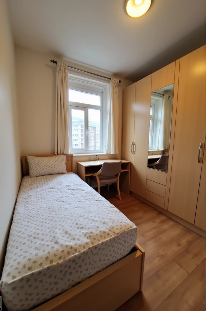 A small room with one bed, one big wardrobe, one study desk, 2 chairs. 1 small indow, one larger
