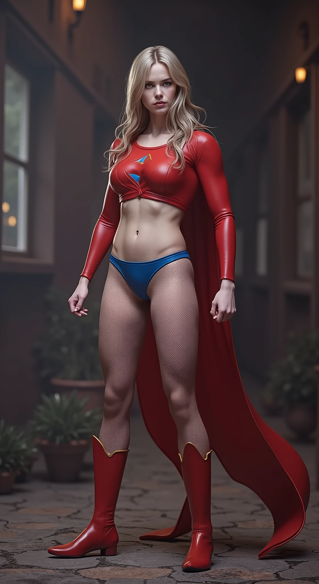 a supergirl in a fighting action, shot from below, red top boots, blue panties, pantyhose,