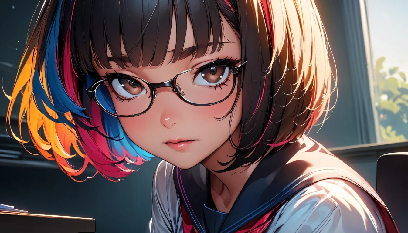 ((highest quality:1.2, Very detailed, up to date, Vibrant, Ultra-high resolution, High Contrast, masterpiece:1.2, highest quality, Best aesthetics), wide angle, Portraiture、girl、solo, (25-years-old:1), slim, brown eye, Bright colors、Beautiful fine details、Beautiful lip detail、extra short hair, ((bob cut:1.5))、black hair, (highlights hair: 1.6), (medium breast:0.7), (tan skin:0.5), glasses, school uniform, studyind, sitting at the study desk, bright room, looking up viewer:1, side view, (look like asking for help:1),troubled face:2
