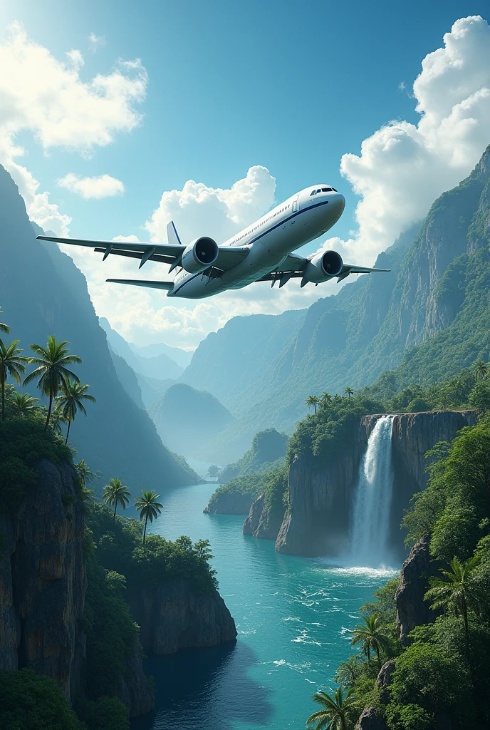 Un avion au dessus d'une ile avec des cascades et des palmiers