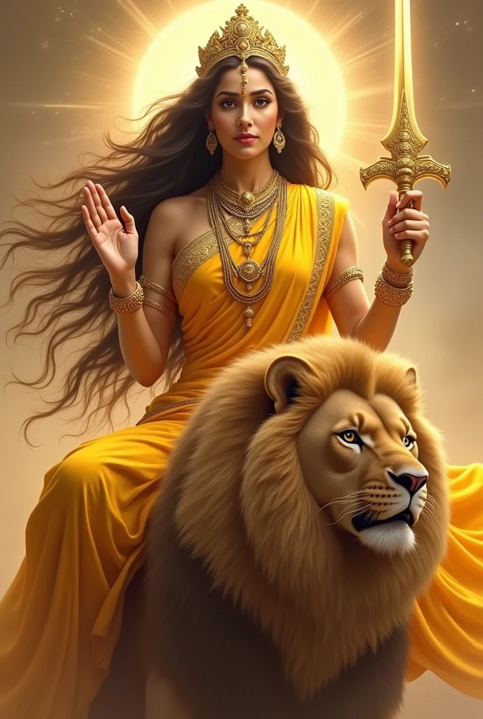 "Create an ultra-realistic image of the beautiful Goddess Katyayani Devi, depicted in a radiant yellow saree that symbolizes energy, vibrancy, and divine power. The saree should be intricately designed with gold embroidery, enhancing her regal and divine presence. Her skin should have a soft, golden glow, reflecting her celestial beauty and purity. Her face should be serene yet powerful, with large, expressive eyes that convey both compassion and strength, and a gentle smile that exudes grace, she has extremely very very long and very dense hair, Her hair should be wild and untamed, flowing freely around her, symbolizing her raw, untamed energy.
She has only two hands, Her right hand is in a blessing posture. In her left hand, she holds a designed majestic big sword.
She should be seated on an extremely large and majestic magnificent lion, symbolizing her immense strength, courage, and ability to protect her devotees. The lion should have a thick, luxurious mane and a powerful build, with a yet loyal expression, perfectly complementing the goddess's commanding presence.
The background should feature a celestial landscape, with soft, glowing light and elements like golden rays of sunlight, enhancing the divine atmosphere. The overall image should capture the essence of Goddess Katyayani’s beauty, strength, and protective nature, presented in a highly realistic and detailed manner, with her yellow saree and majestic lion emphasizing her divine power and authority."