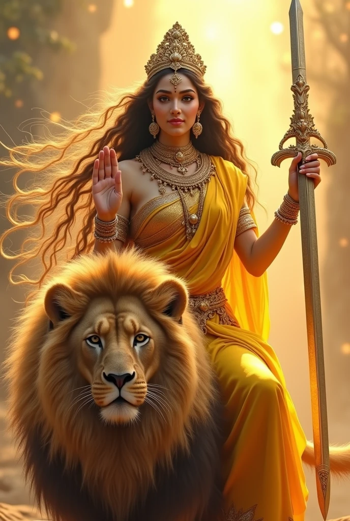"Create an ultra-realistic image of the beautiful Goddess Katyayani Devi, depicted in a radiant yellow saree that symbolizes energy, vibrancy, and divine power. The saree should be intricately designed with gold embroidery, enhancing her regal and divine presence. Her skin should have a soft, golden glow, reflecting her celestial beauty and purity. Her face should be serene yet powerful, with large, expressive eyes that convey both compassion and strength, and a gentle smile that exudes grace, she has extremely very very long and very dense hair, Her hair should be wild and untamed, flowing freely around her, symbolizing her raw, untamed energy.
She has only two hands, Her right hand is in a blessing posture. In her left hand, she holds a designed majestic big sword.
She should be seated on an extremely large and majestic magnificent lion, symbolizing her immense strength, courage, and ability to protect her devotees. The lion should have a thick, luxurious mane and a powerful build, with a fierce yet loyal expression, perfectly complementing the goddess's commanding presence.
The background should feature a celestial landscape, with soft, glowing light and elements like golden rays of sunlight, enhancing the divine atmosphere. The overall image should capture the essence of Goddess Katyayani’s beauty, strength, and protective nature, presented in a highly realistic and detailed manner, with her yellow saree and majestic lion emphasizing her divine power and authority."