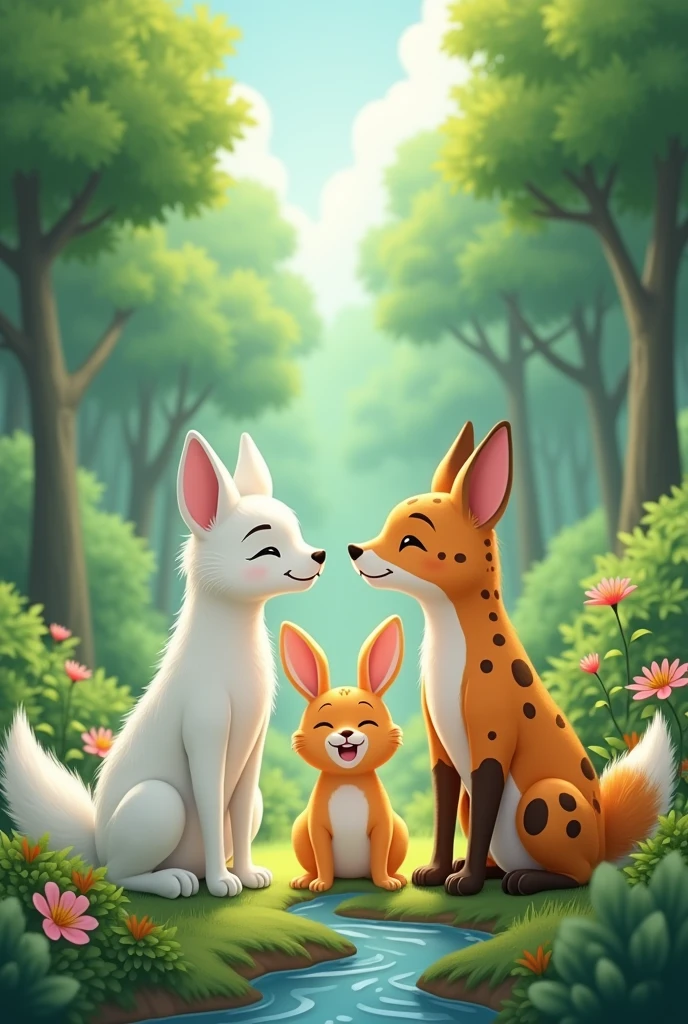 In a vast and green forest, there live three unique friends: Moe, a smart and curious white fox; Nami, a lively and cheerful orange rabbit; and Miki, a strong and brave jungle cat. Although they are different species and have different personalities, the three of them love each other very much.