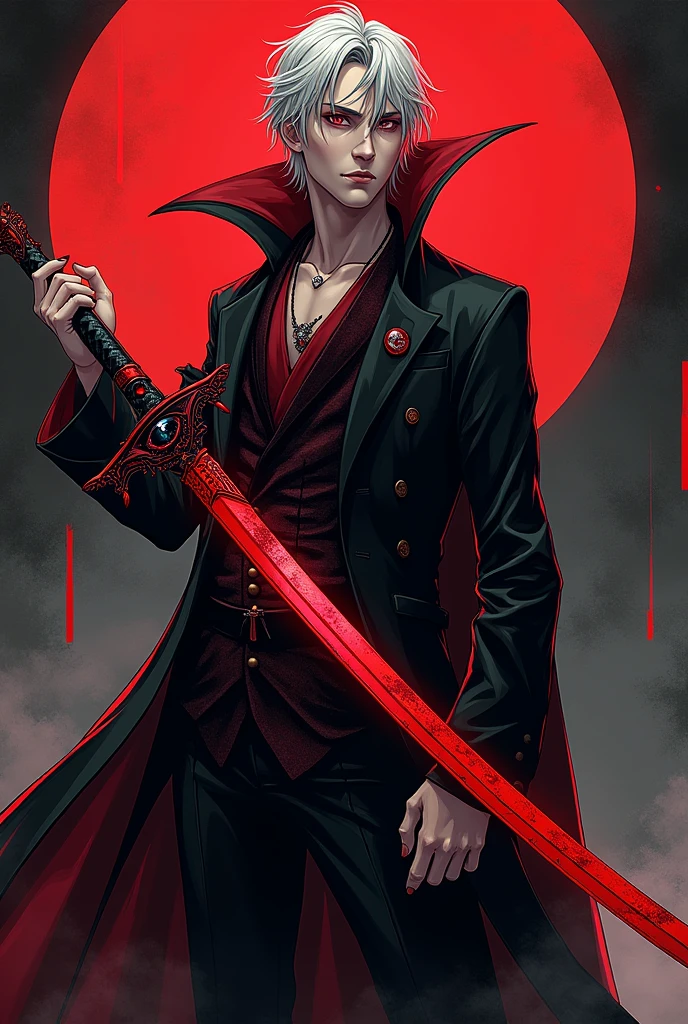 He is a man who is an idol, but he is a Dracula who likes to hold a red sword with a demon eye in the middle of the sword. The lines are in a Japanese style.