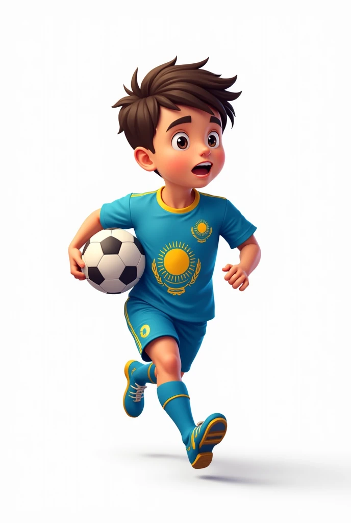 ((officially)) ((masterpiece)) ((Best quality)) ((detailed)) cartoon boy football player running with ball in uniform with emblem flag of Kazakhstan on white background
