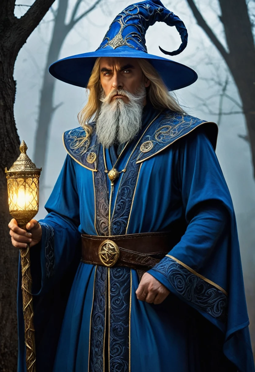 A cineastic portrait of a 3 fantasy wizard, whose commanding presence is accentuated by his blonde hair styled in a chic sidecut that complements his well-groomed goaty beard. His piercing gaze seems to harness the very essence of the dark powers that have consumed and corrupted him. Draped in sumptuous blue robes, intricately adorned with golden embroideries, the wizard's attire speaks of his once noble lineage and the grandeur of his former life. A stark contrast is provided by the black leather armor collar that encircles his neck, hinting at the battle-hardened reality he now faces. The pièce de résistance is his iconic blue pointy hat, a symbol of his mastery over arcane arts, which sits slightly askew, revealing the flicker of anguish beneath his stoic exterior. The lighting casts dramatic shadows, emphasizing the deep lines etched into his face and the palpable tension in his posture. The background is a swirl of dark, ominous clouds and jagged, twisted trees, silhouetting his figure and setting the scene for a tale of epic proportions. The wizard's hands, adorned with ancient rings that pulse with a sinister energy, rest upon the handle of a staff that appears to be crafted from the very bones of the earth itself. Each detail, from the tattered edges of his robes to the subtle glow of corruption emanating from his fingertips, tells a story of power, temptation, and the tragic price of unbridled ambition. His eyes, though shadowed by the brim of his hat, gleam with a malevolent light, suggesting that despite his fall from grace, he remains a formidable force to be reckoned with in this twisted realm of enchantment and despair.