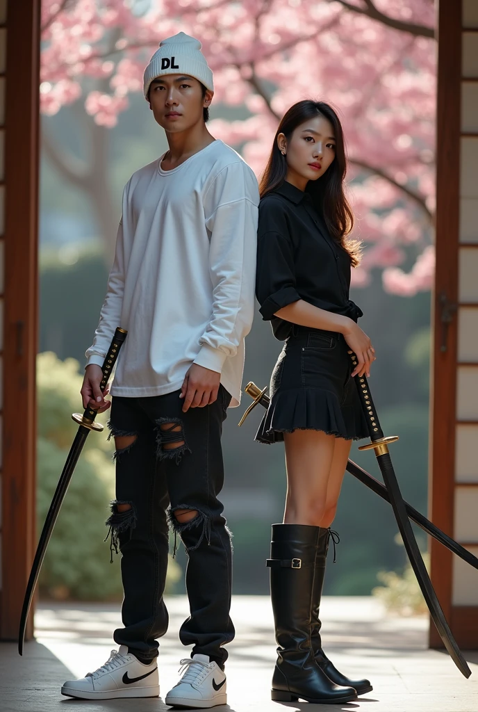 Featuring full HD high resolution images, a handsome man from korea, wearing a long-sleeved white shirt, black ripped jeans, nike brand white sneakers, and wear a white beanie hat with the DL logo, Hair is not visible, the man stands holding a samurai with a macho face looking at the camera, Beside the man stood a beautiful woman with long hair,wearing a short black shirt showing the navel,black skirt and black high boots and holding a samurai too, Japanese style house background and blurred cherry blossoms, realistic