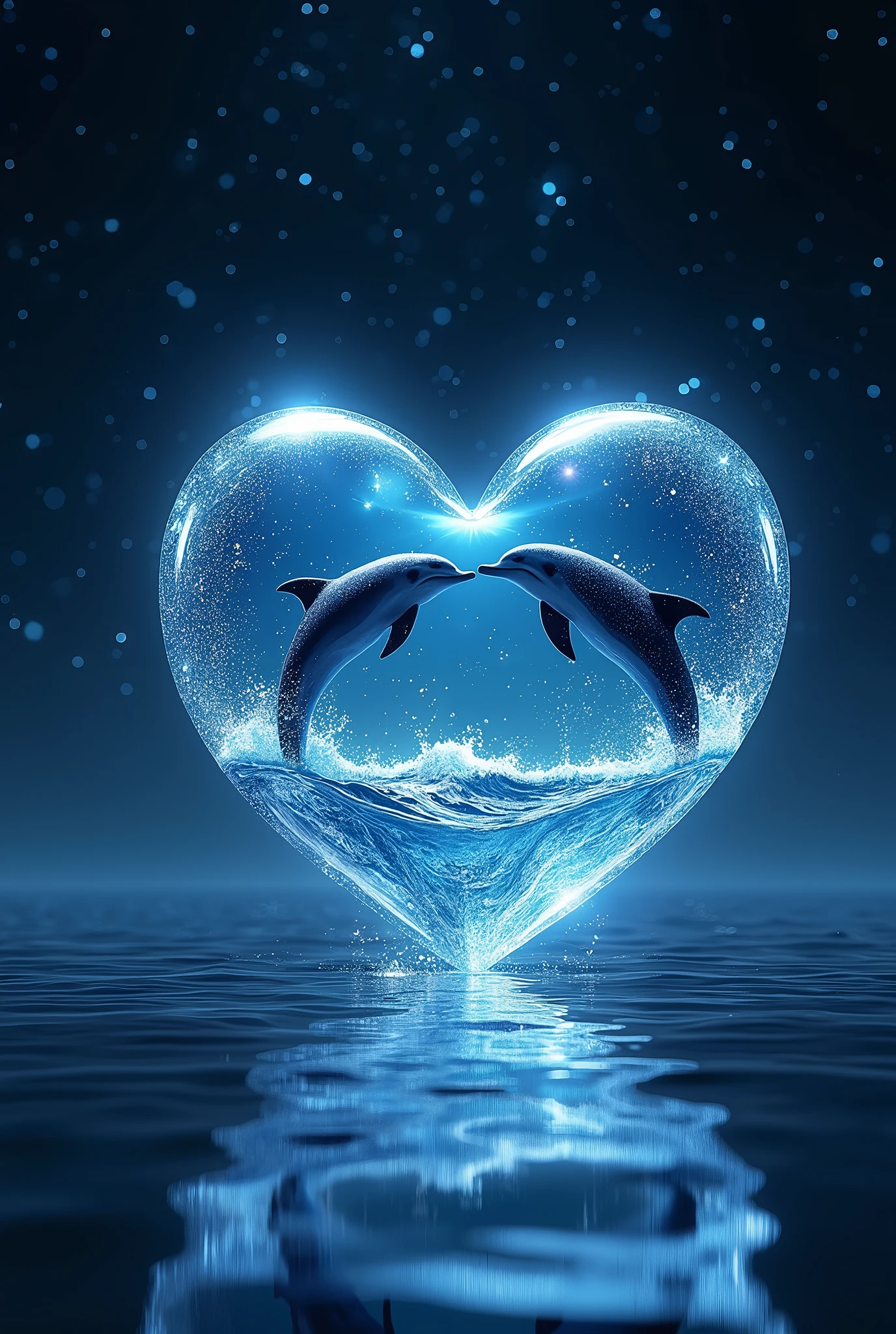A sparkling open heart object、romantic、photograph、Panorama、Neon color、Bright colors、Ultra-high resolution、
Inside the open heart is a picture of the ocean、Countless stars in the background、The overall image is dark, but the heart-shaped object shines brightly.、
A sky studded with stars、Dolphins jumping in the sea、The water surface reflects accurately、The stars are realistic and lively、Dolphins are wet and vivid、Water droplets and water are transparent。