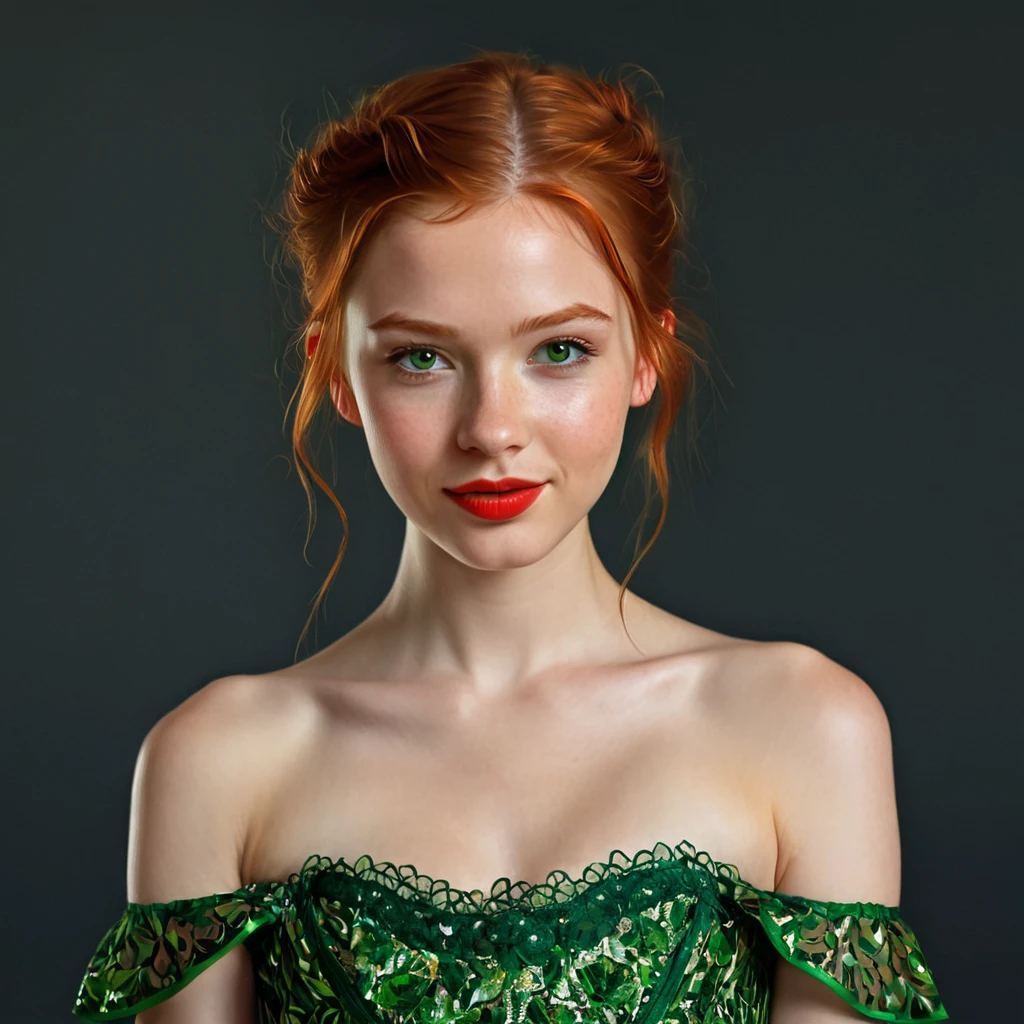 portrait of a beautiful teenager, small breasts, intricate dress, soft smile, red lips, ginger hair, green eyes, realism, digital painting, concept art, smooth, sharp focus, rule of thirds, Style-Psycho