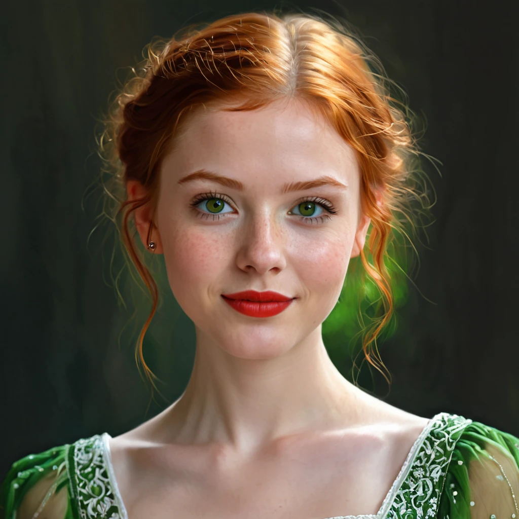 portrait of a beautiful teenager, small breasts, intricate dress, soft smile, red lips, ginger hair, green eyes, realism, digital painting, concept art, smooth, sharp focus, rule of thirds, Style-Psycho