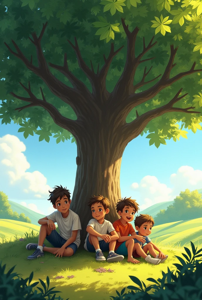 Five boys under a tree