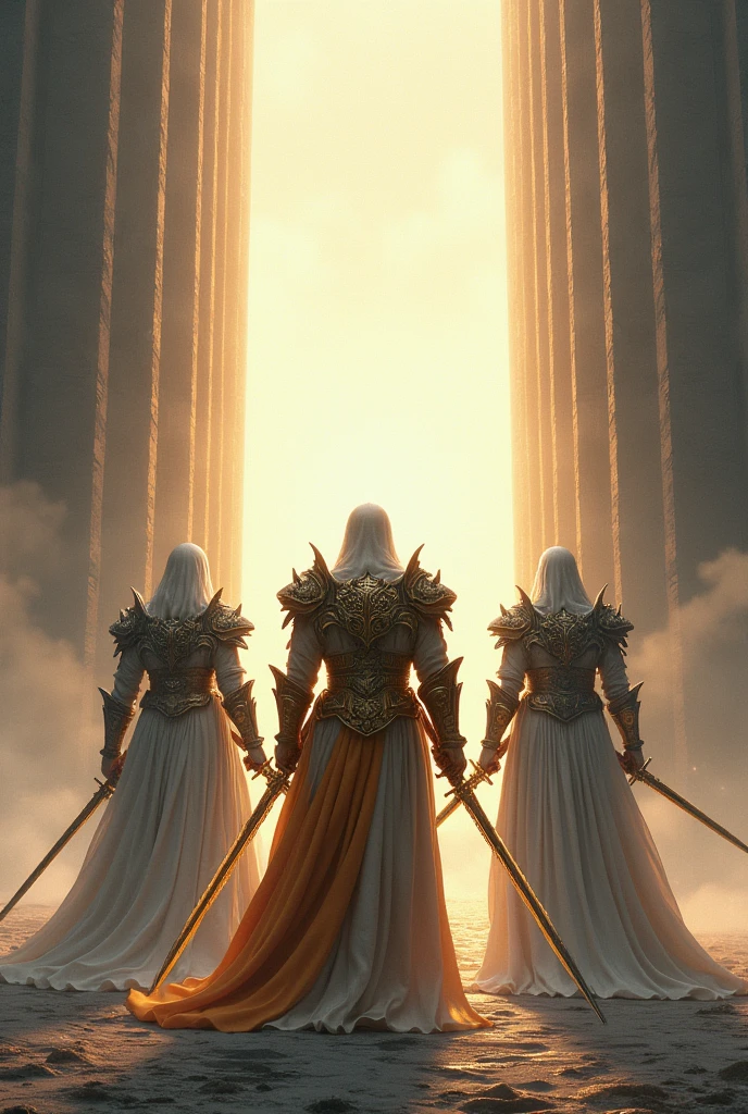 3 warrior of god,holding sword,wall of heaven,light in the heaven, facing the light