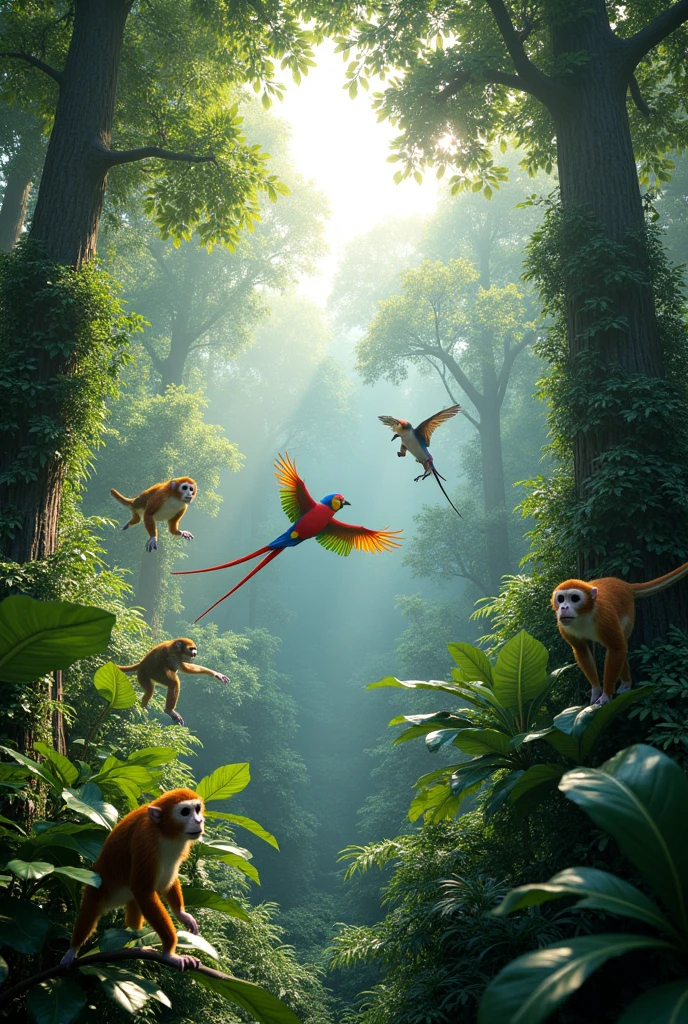 A lush, dense 3D rendering of the Amazon Rainforest with its rich biodiversity, including colorful birds, monkeys, and exotic plants