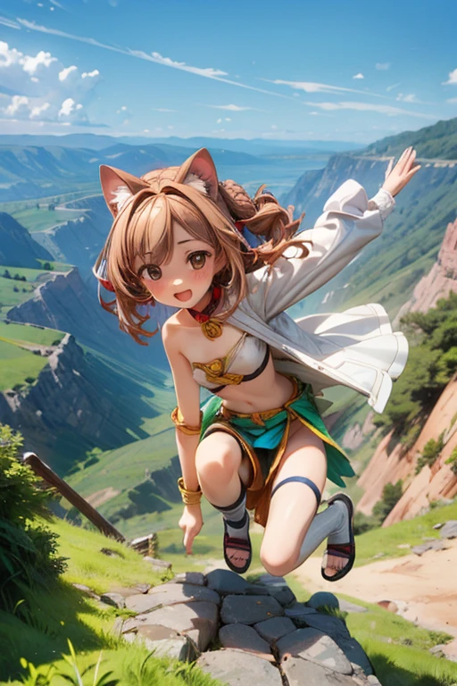 ((Masterpiece)), (Anime:1.3), ((best quality)), (RAW photo:1.2), (High Definition:1.3), (Professional Photography:1.2), (), cute teenage girl, (full body), BREAK, pale brown hair, (collar), messy hair, medium hair, black eyes, laughing, open mouth, blush, put on cat ears, hairs in the air, BREAK, (best quality), (ethnic long loincloth:1.4), small beast, (slender body), Glossy skin, BREAK, (High Definition), (Above 100 meters altitude), crouching on a precipitous cliff, crouching, (Landscape below the deep cliff:1.3),