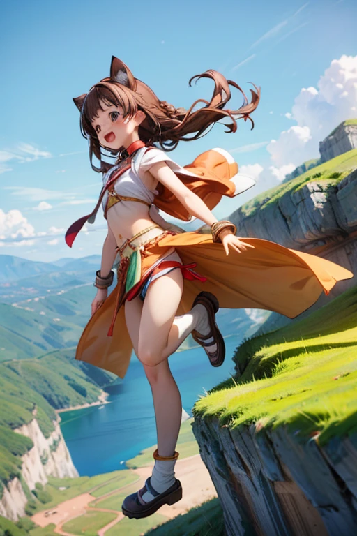 ((Masterpiece)), (Anime:1.3), ((best quality)), (RAW photo:1.2), (High Definition:1.3), (Professional Photography:1.2), (), cute age girl, (full body), BREAK, pale brown hair, (collar), messy hair, medium hair, black eyes, laughing, open mouth, blush, put on cat ears, hairs in the air, BREAK, (best quality), (ethnic long loincloth:1.4), small beast, (slender body), Glossy skin, BREAK, (High Definition), (Above 100 meters altitude), crouching on a precipitous cliff, crouching, (Landscape below the deep cliff:1.3),