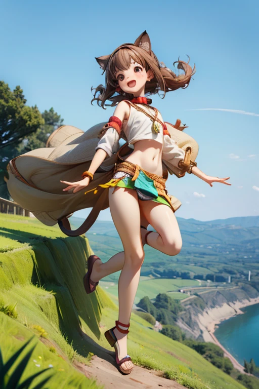 ((Masterpiece)), (Anime:1.3), ((best quality)), (RAW photo:1.2), (High Definition:1.3), (Professional Photography:1.2), (), cute teenage girl, (full body), BREAK, pale brown hair, (collar), messy hair, medium hair, black eyes, laughing, open mouth, blush, put on cat ears, hairs in the air, BREAK, (best quality), (ethnic long loincloth:1.4), small beast, (slender body), Glossy skin, BREAK, (High Definition), (Above 100 meters altitude), crouching on a precipitous cliff, crouching, (Landscape below the deep cliff:1.3),