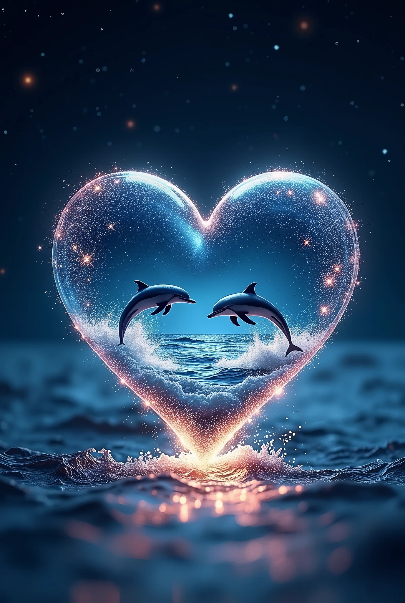 A sparkling open heart object、romantic、photograph、Panorama、Neon color、Bright colors、Ultra-high resolution、
Inside the open heart is a picture of the ocean、Countless stars in the background、The overall image is dark, but the heart-shaped object shines brightly.、
A sky studded with stars、Dolphins jumping in the sea、The water surface reflects accurately、The stars are realistic and lively、Dolphins are wet and vivid、Water droplets and water are transparent。
