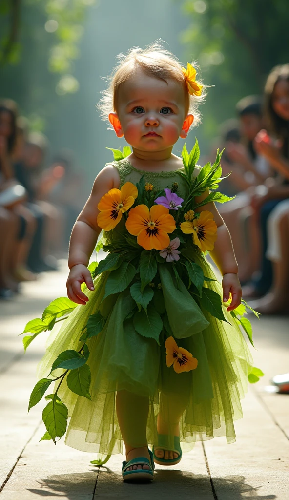Create a scene where a baby is wearing sustainable clothing made from recycled materials, adorable is dressed in a fashionable outfit made from pansy flowers and leaves, wearing a fashionable couture gown, and walks confidently down the runway, smiling, showing off her ultra-realistic fashion sense. camera in motion