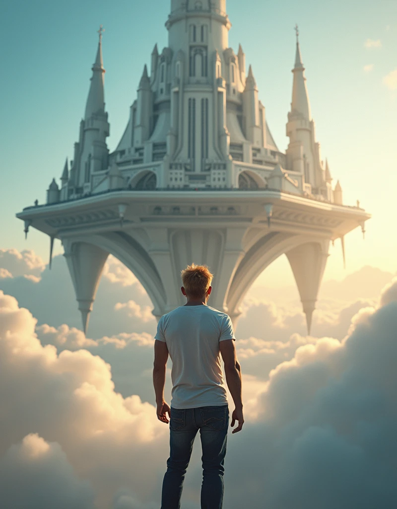 A cinematic medium shot of a athletic 46yr old man with strawberry-blonde hair wearing a t-shirt and jeans. Strong cinematic posture, back to the camera. He is standing knee-deep in clouds, between fluffy sunset clouds and looking at a magnificent fantasy city with intricate details. The city is floating in the air above the clouds. The background is a clear blue sky. The city has a heptagonal shape, with corner towers connected to the central part by galleries and passages. The city's design is gothick, strict yet graceful, combining futuristic and traditional architectural elements. It soars high in the sky in the air far away. The city has a fantasy look with a futuristic twist, and the flying towers serve as defense structures.
Hight contrast and ultra-detailed, ultrarealistic, 8k, HDR