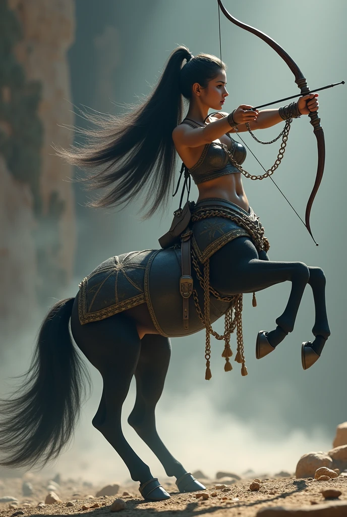 ((masterpiece, Highest quality, Best image quality, High resolution, Realistic, RAW Photos, 8k)), ((Highly detailed CG synthesis 8k wallpaper)), (Huge and stunning goddess shot, Very hot and sexy, Incredible beauty, Perfect Proportions, Beautiful body, Slim body beauty:1.4), Centaur female warrior, dark skin, black fur, long black hair tied back, boobs, wearing leather armor, chains around her body, mythical creature with a horse body and a female upper body, front view, great war of the gods in mythical times, Jumping and preparing the bow, front view,