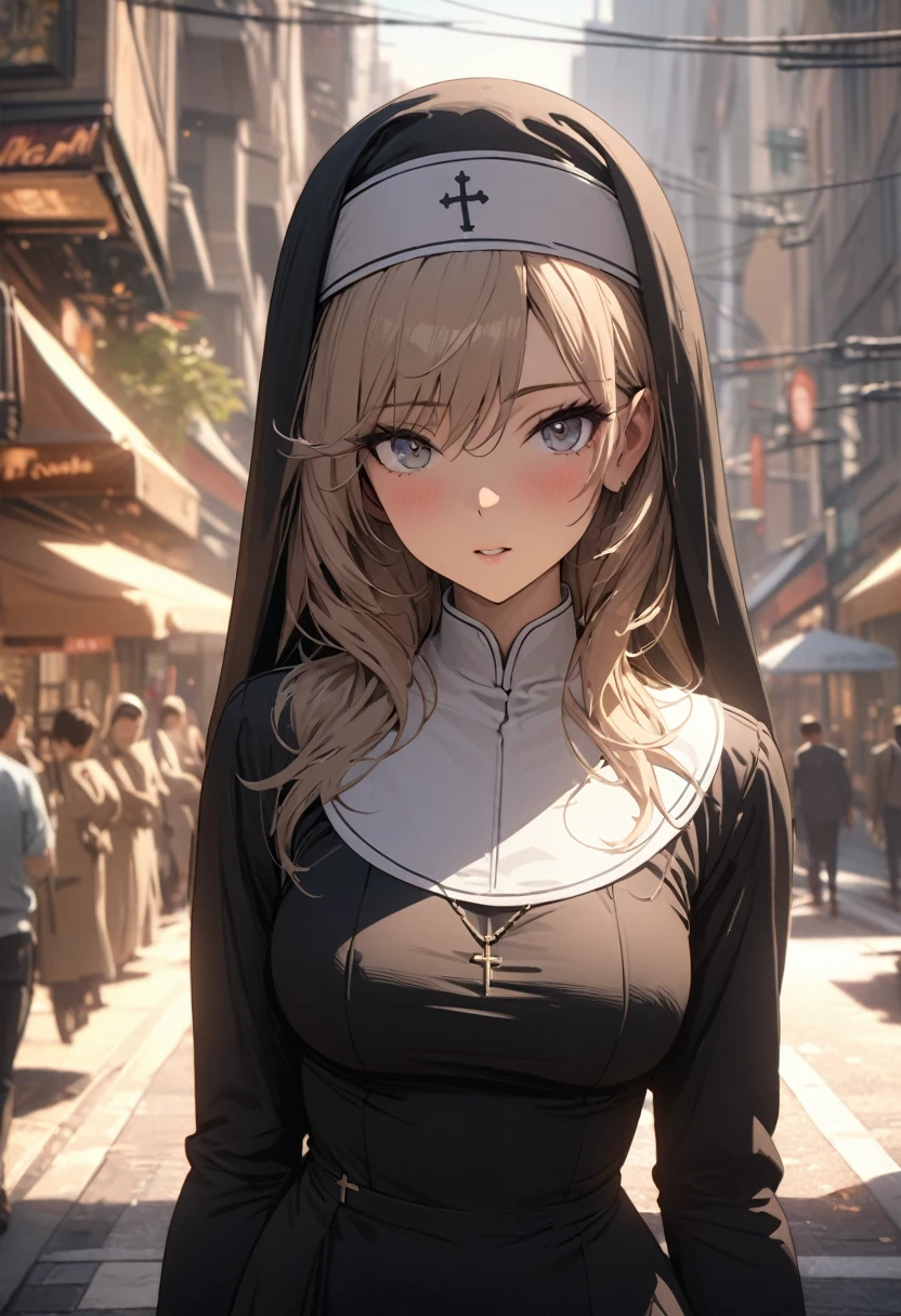 Beautiful nun, on city streets, high detail, 4K, masterpiece.