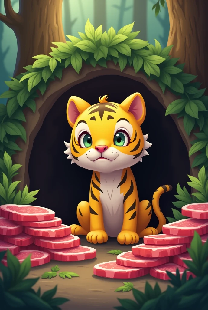 A scrawny yellow tiger,Expression of malnutrition,Store lots of steaks in the cave,Cute and realistic風格,Background forest,Cute and realistic