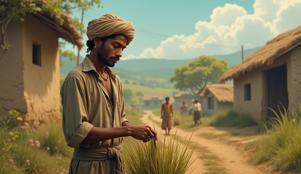 ((best quality)), ((masterpiece)), (detailed), perfect face Ravi’s 2 Simple man: A scene showing Ravi, a modest, simple boy, working in a small town with serene countryside surroundings, depicting his peaceful yet humble lifestyle.