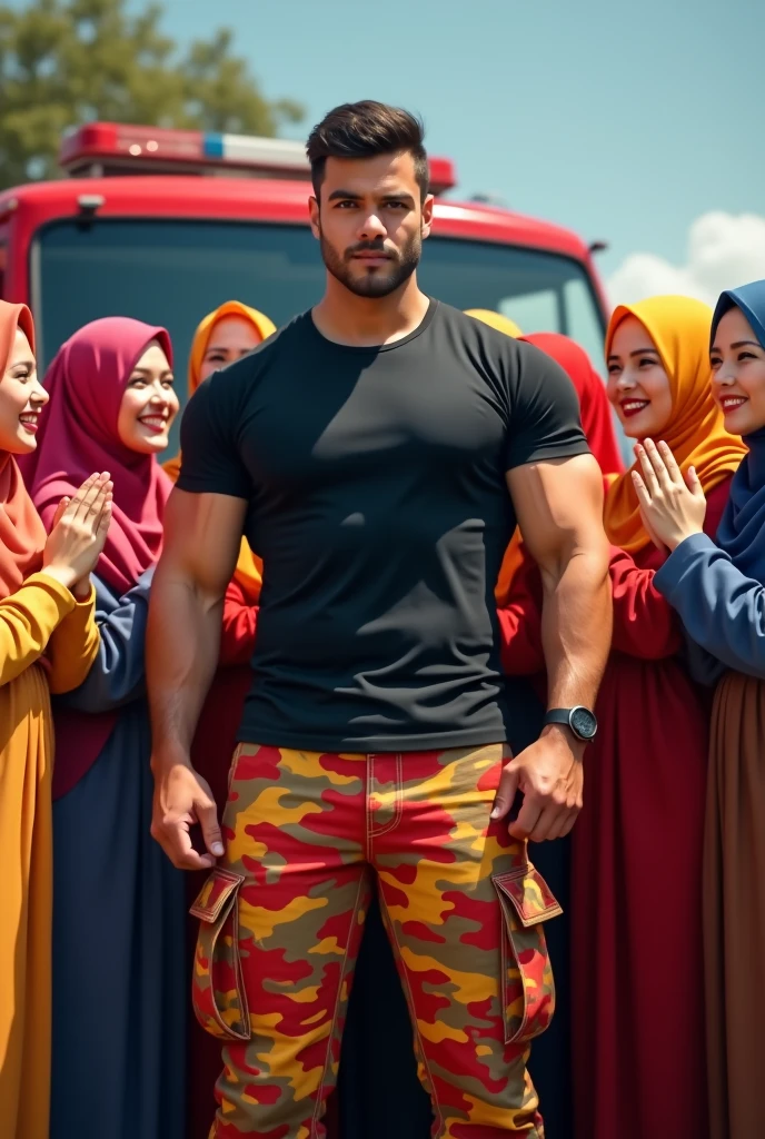 Malaysia guy  2s. big muscle Handsome Man wear Blackshirt. Cargo pant camouflage red orange chocolate. firefighter jumpsuit wear tight in . Very muscle body. many girl hijab colorfull women cheerfull face clapping hand surrounded man . Firetruck background