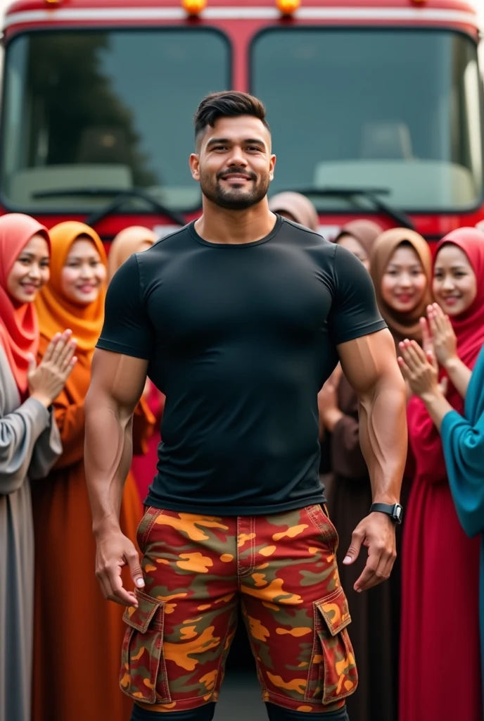 Malaysia guy age 2s. big muscle Handsome Man wear Blackshirt. Cargo pant camouflage red orange chocolate. firefighter jumpsuit wear tight in . Very muscle body. many girl hijab colorfull women cheerfull face clapping hand surrounded man . Firetruck background