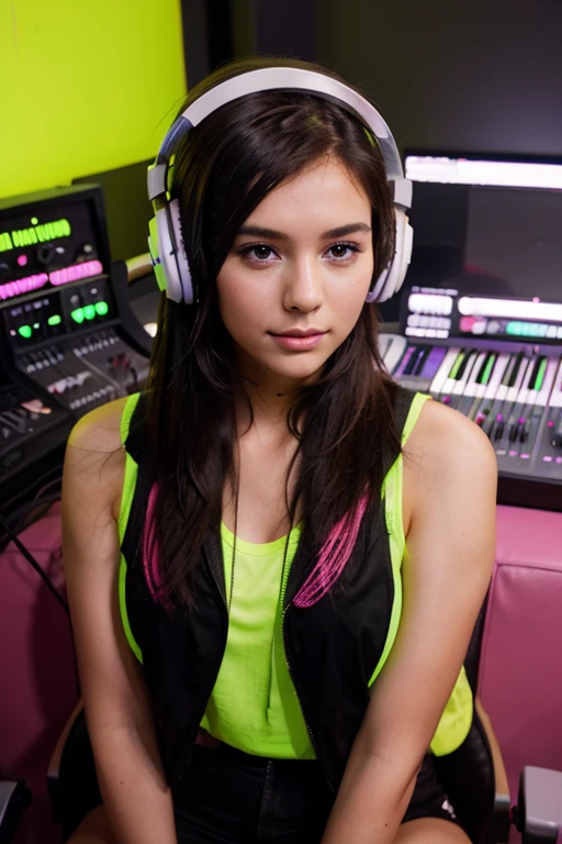 Pretty girl wearing neon music headphones in an audio recording studio