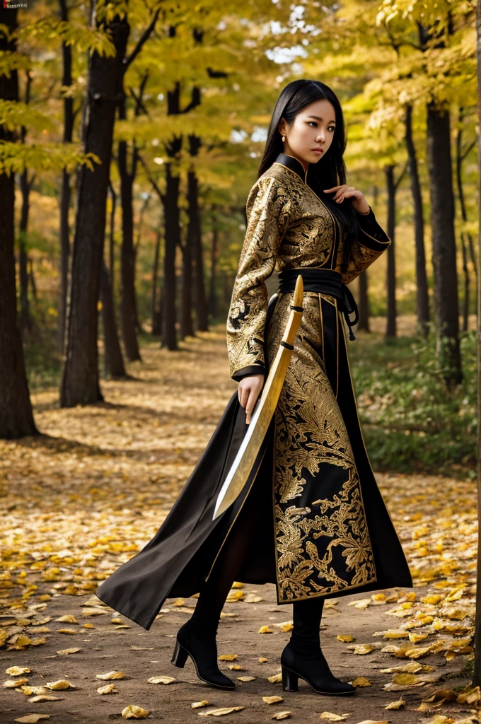 Brocade clothing，Black and gold color，female，A firm look，Serious expression，Tang Sword，Long knife，Hold the knife in both hands，刀锋切割过前面的Fallen Leaves，forest，Fallen Leaves，The leaves fall，The wind blows my hair and the wind blows my clothes，Dynamic Panorama，Vision，Full body posture