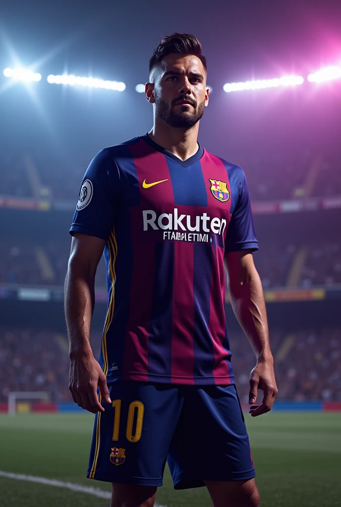Make me the updated Barcelona uniform but with the colors purple, black, silver and gold
