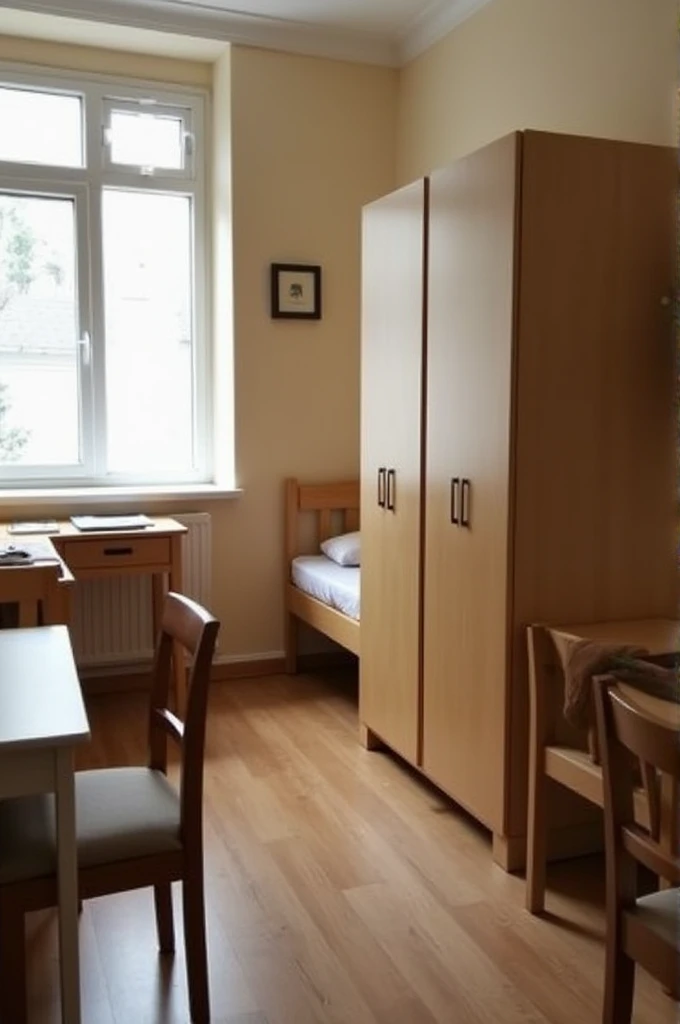 A small room with one bed, one big wardrobe, one study desk, 2 chairs. 1 small window, one larger 