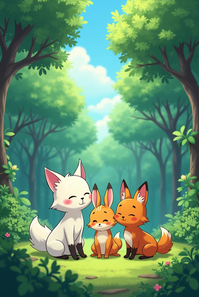 In a vast and green forest, there live three unique friends: Moe, a smart and curious white fox; Nami, a lively and cheerful orange rabbit; and Miki, a strong and brave jungle cat. Although they are different species and have different personalities, the three of them love each other very much. in anime style
