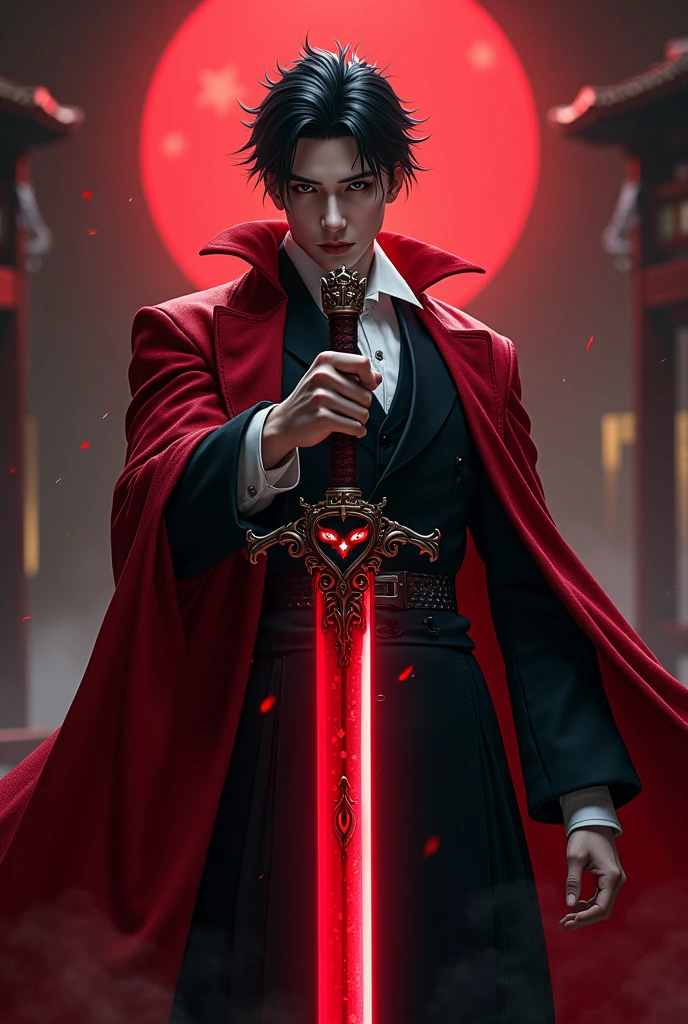 He is a man who is an idol, but he is a Dracula who likes to hold a red sword with a demon eye in the middle of the sword. His lines are in a Japanese style mixed with V-Tuber lines.