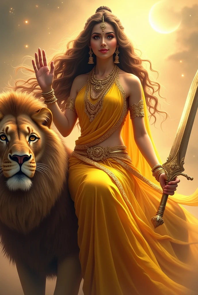 "Create an ultra-realistic image of the beautiful Goddess Katyayani Devi, depicted in a radiant yellow saree that symbolizes energy, vibrancy, and divine power. The saree should be intricately designed with gold embroidery, enhancing her regal and divine presence. Her skin should have a soft, golden glow, reflecting her celestial beauty and purity. Her face should be serene yet powerful, with large, expressive eyes that convey both compassion and strength, and a gentle smile that exudes grace, she has extremely very very long and very dense hair, Her hair should be wild and untamed, flowing freely around her, symbolizing her raw, untamed energy.

She has only two hands, Her right hand is in a blessing posture. In her left hand, she holds a designed majestic big sword.

She should be seated on an extremely large and majestic magnificent lion, symbolizing her immense strength, courage, and ability to protect her devotees. The lion should have a thick, luxurious mane and a powerful build, with a fierce yet loyal expression, perfectly complementing the goddess's commanding presence.

The background should feature a celestial landscape, with soft, glowing light and elements like golden rays of sunlight, enhancing the divine atmosphere. The overall image should capture the essence of Goddess Katyayani’s beauty, strength, and protective nature, presented in a highly realistic and detailed manner, with her yellow saree and majestic lion emphasizing her divine power and authority."