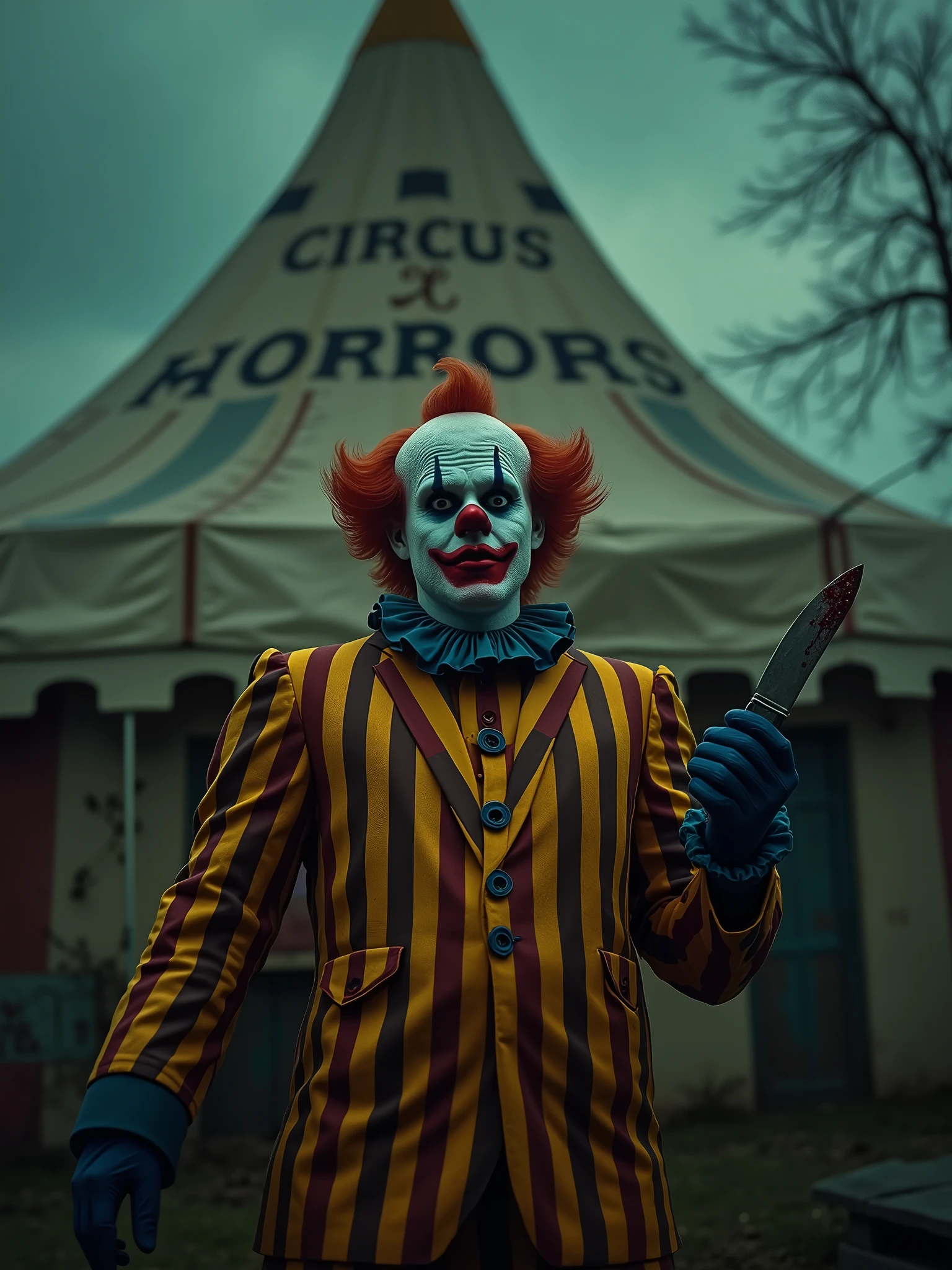 A photo of a 1970s horror movie scene set in a circus. A clown with a red nose and a striped suit is holding a bloodied knife. The background reveals a tent with the words "Circus of Horrors". The lighting is dim.